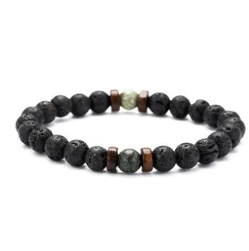 Stylish men's bracelet made with natural volcanic stone, flash stone, and wood chip in a geometric, mosaic-like design