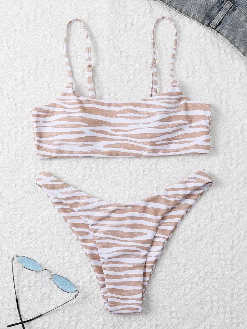 Ladies two piece bikini set with striped pattern in eight colours, sizes S to XL