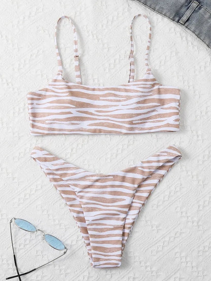 Ladies two piece bikini set with striped pattern in eight colours, sizes S to XL