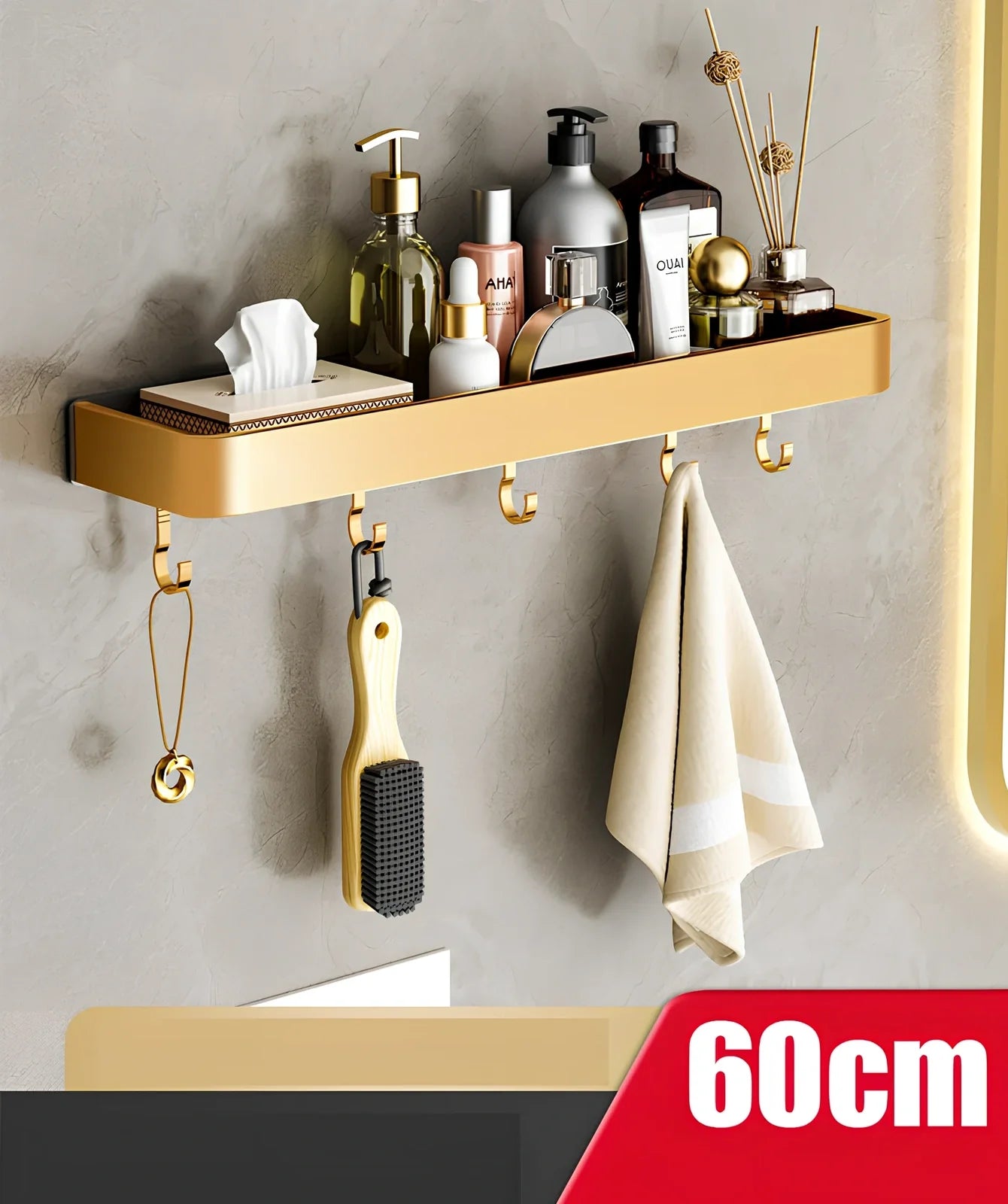 Modern space aluminum perforated towel storage rack, 40cm length with hook, wall-mounted for bathroom drying