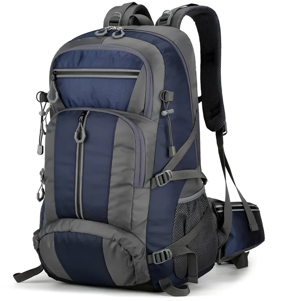 Black 50-litre fishing backpack with multiple compartments and adjustable shoulder straps