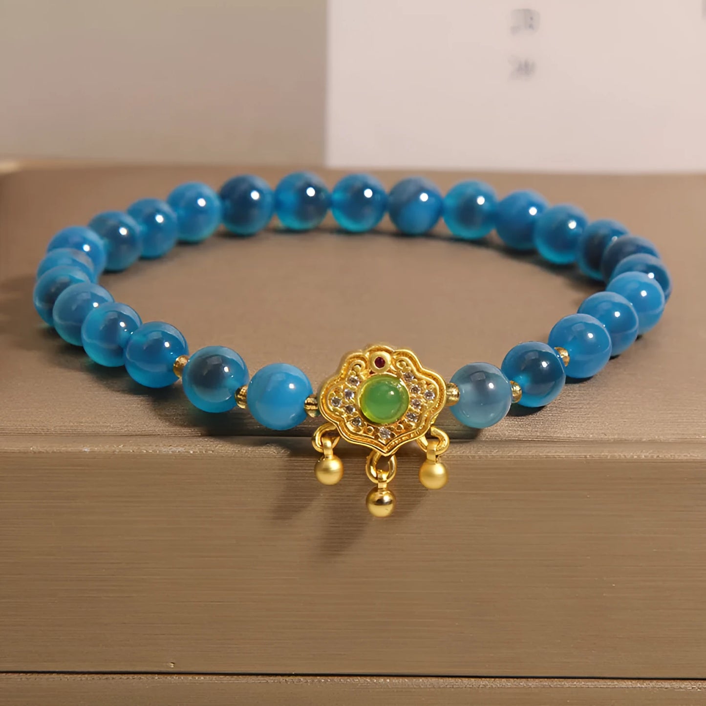 Blue sugar heart agate jade safety lock pendant bracelet with crystal construction and rhinestone accents