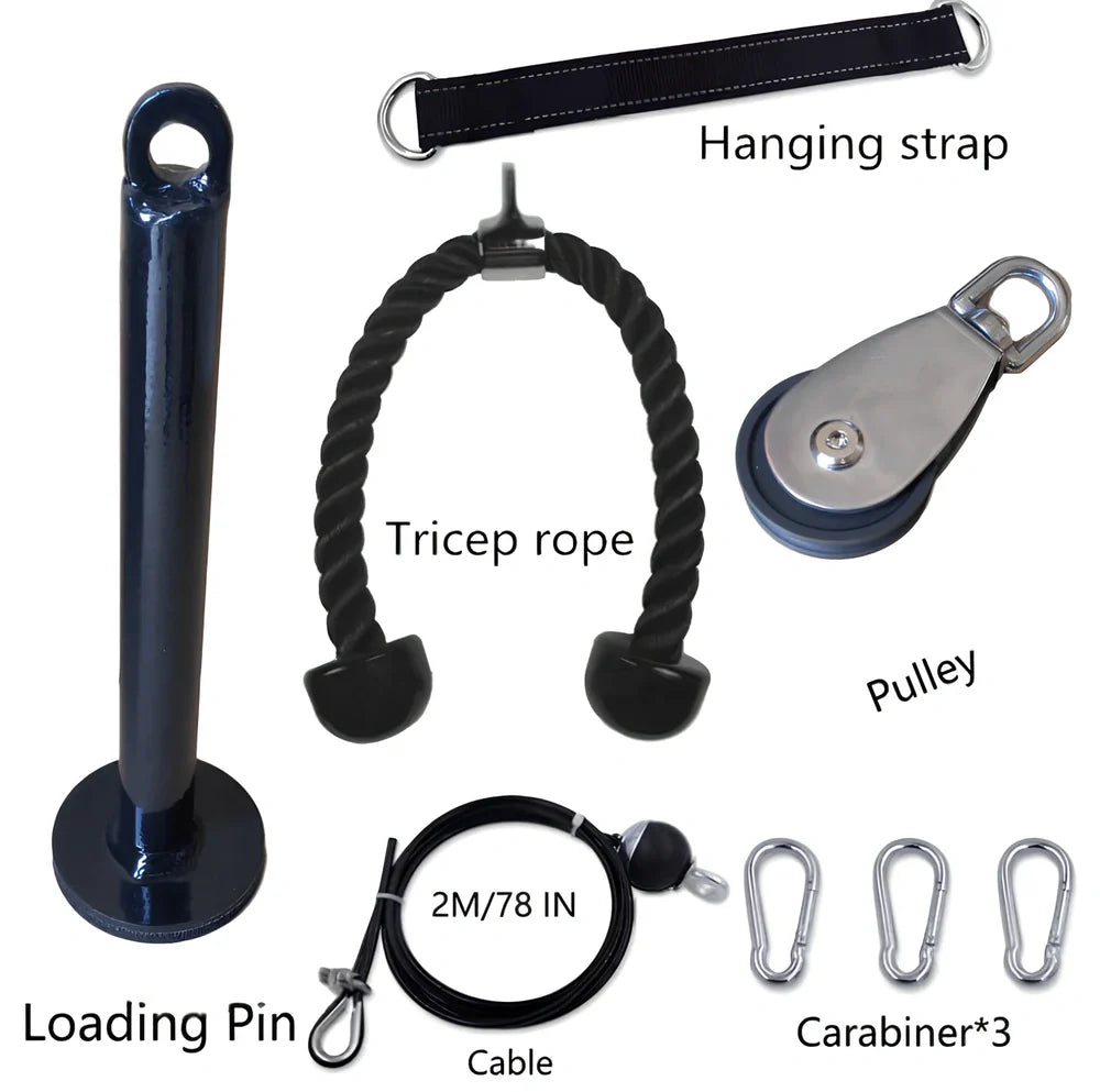 DIY fitness equipment set showing loading pin, hanging strap, tricep rope, pulley and carabiners