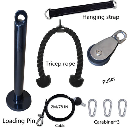DIY fitness equipment set showing loading pin, hanging strap, tricep rope, pulley and carabiners