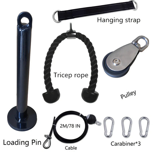 DIY fitness equipment set showing loading pin, hanging strap, tricep rope, pulley and carabiners