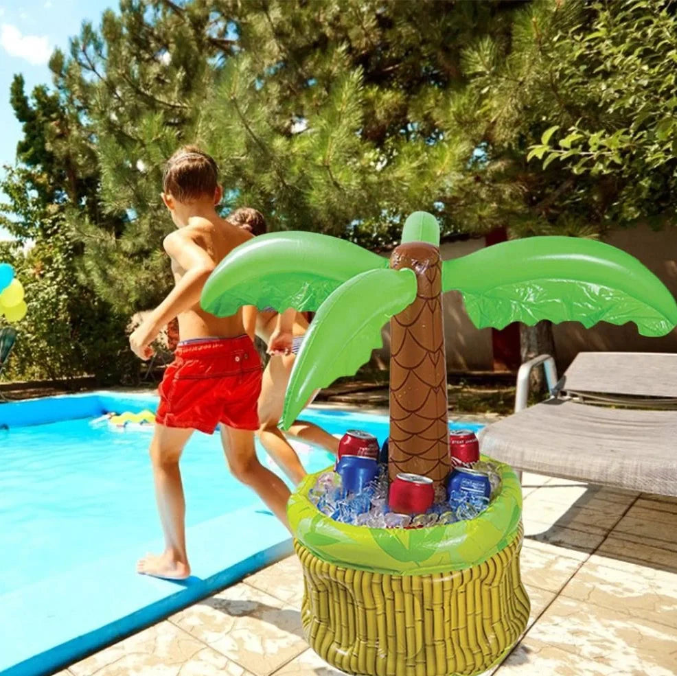 Green inflatable palm tree shaped cooler with coconut details holding beer bottles and ice