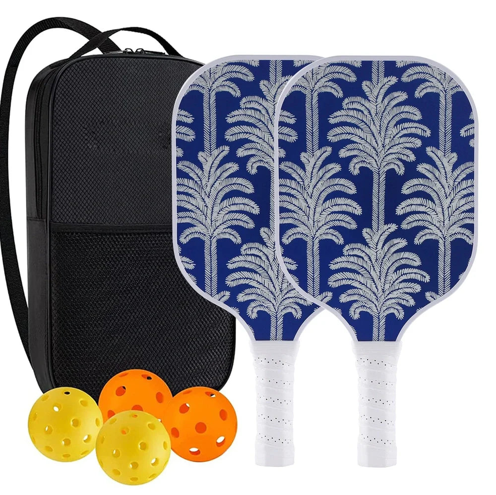 Peak Racket fibreglass squash set showing two rackets and four balls for complete playing equipment