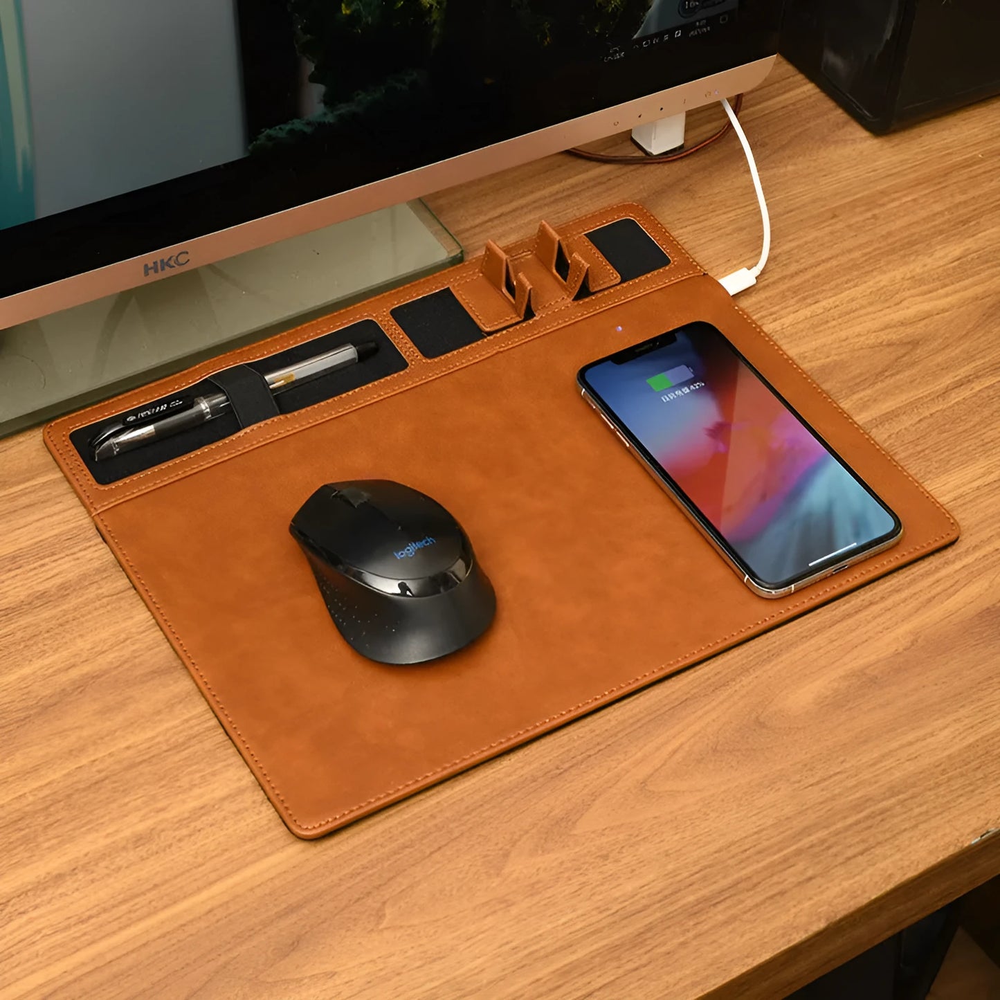 320x260mm wireless charging mouse pad with phone holder in black, brown, grey or pink