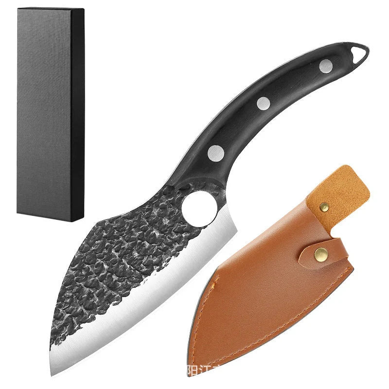 Rugged high-carbon steel outdoor folding knife with antique-inspired hammer pattern design and protective leather sheath