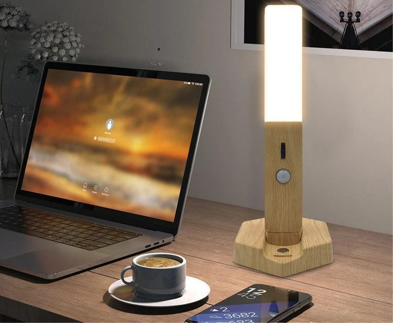 Geometric wooden night lamp measuring 20cm long with LED induction lighting and Nordic design