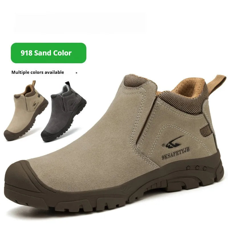 Low-top welder safety shoes with steel toe cap and lace-up closure in sand colour.