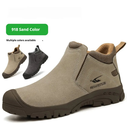 Low-top welder safety shoes with steel toe cap and lace-up closure in sand colour.