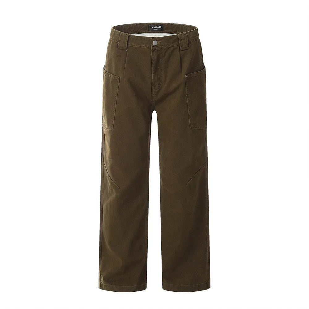 Men's cotton denim work trousers with mid waist, shown in black, brown and coffee, sizes XS to XXL for youth leisure wear.
