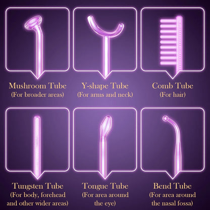 Purple high-frequency beauty instrument with six accessory heads for professional skin treatment