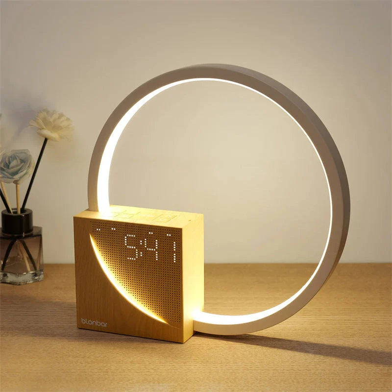Multifunctional bedside lamp with dimmable LED lights, natural sounds, and alarm clock features
