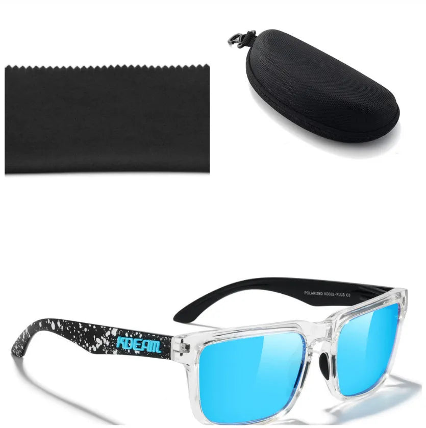 Square polarised sunglasses with TAC lenses and a PC frame, shown in one of 12 available colour options.
