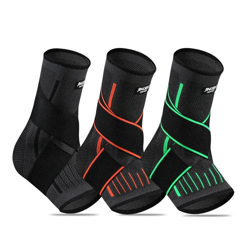 Nylon sports compression ankle protector in black, green, and orange for enhanced mobility and support
