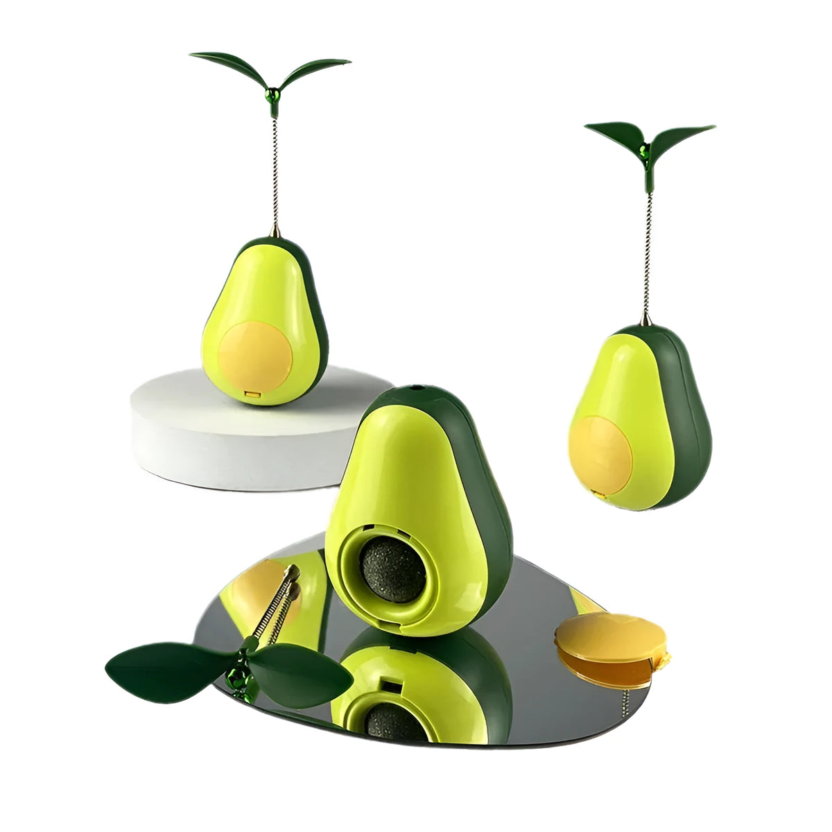 Green silicone avocado cat treat tumbler, 80x80x107mm food leakage toy for indoor cats and kittens