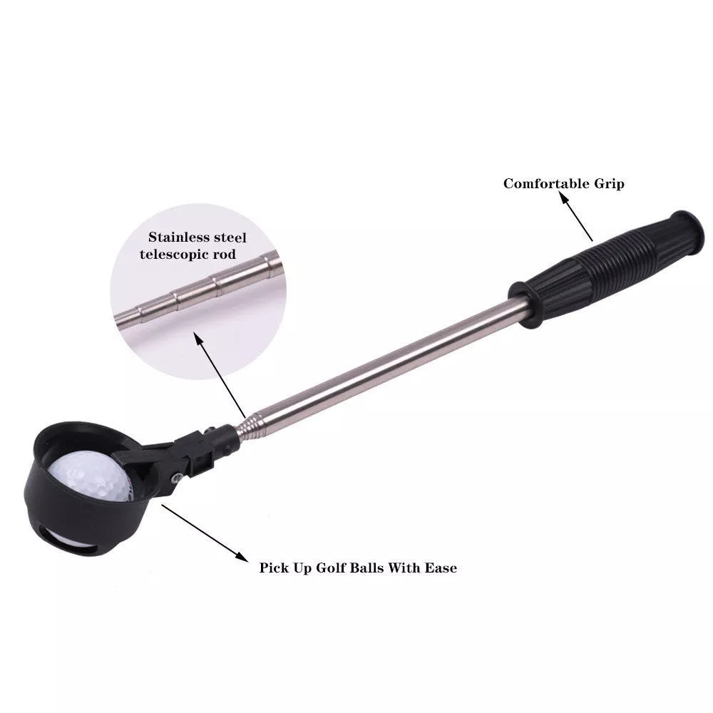 Adjustable golf ball picker in black and orange, extending up to 208cm