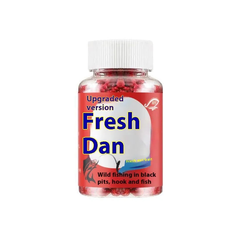 Bottle of grass green lazy particle fishing bait with fresh red pellets for crucian carp