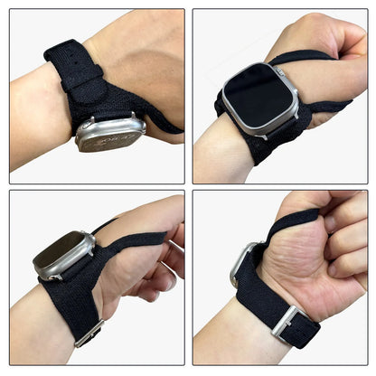Nylon knitted rider wrist strap for Apple Watch in Army Green, Wine Red, Blue, or Black, sizes 38-42mm and 42-49mm