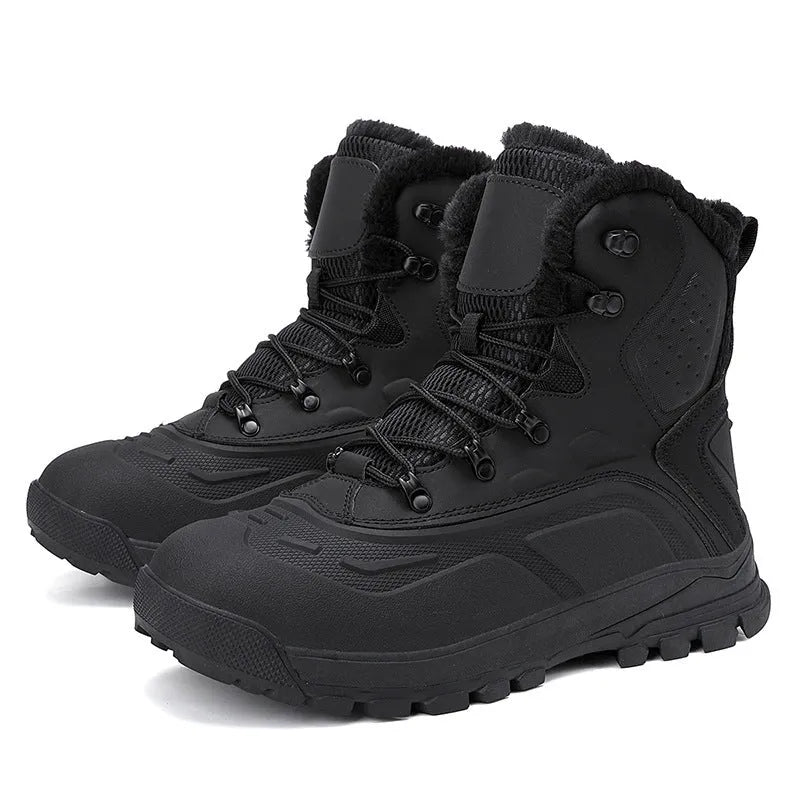 Men's black high-top winter boots with fleece lining and lace-up front on a flat heel