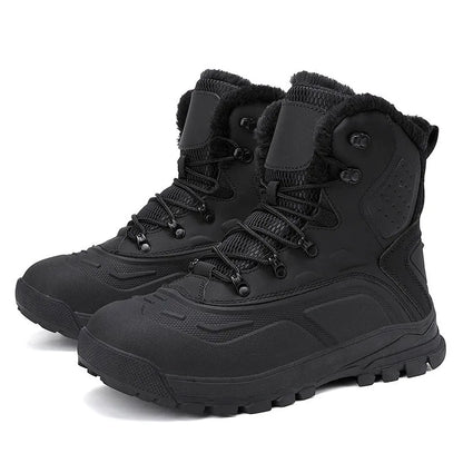 Men's black high-top winter boots with fleece lining and lace-up front on a flat heel