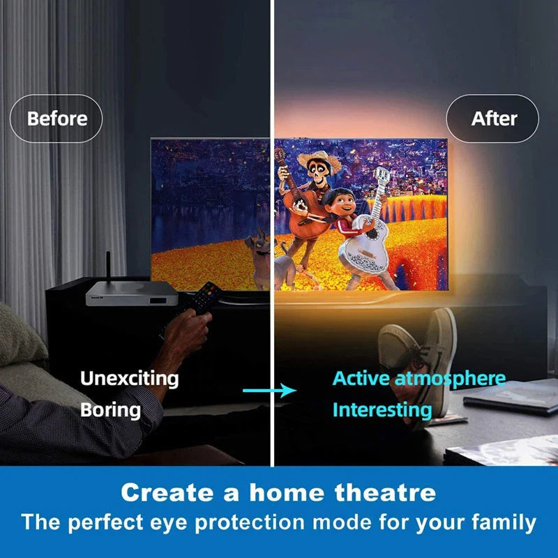 Customizable 65-ft RGB LED light strips in various home decor settings, including bedroom, living room, and TV backlighting