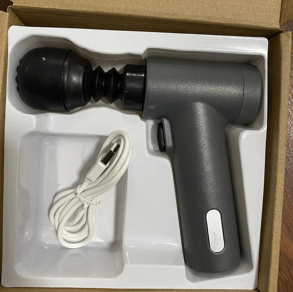 Portable mini fascia gun in black, 14x14cm size, 400g weight for shoulder and neck massage with USB charging