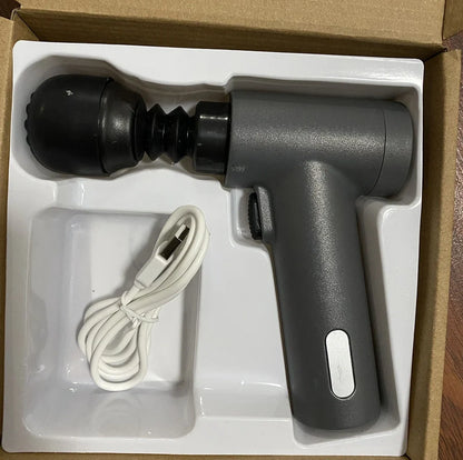 Portable mini fascia gun in black, 14x14cm size, 400g weight for shoulder and neck massage with USB charging