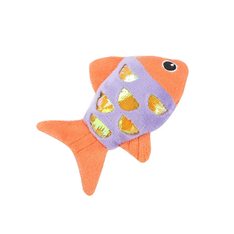 Two plush fish cat toys in blue and orange with catnip and crinkle sound features