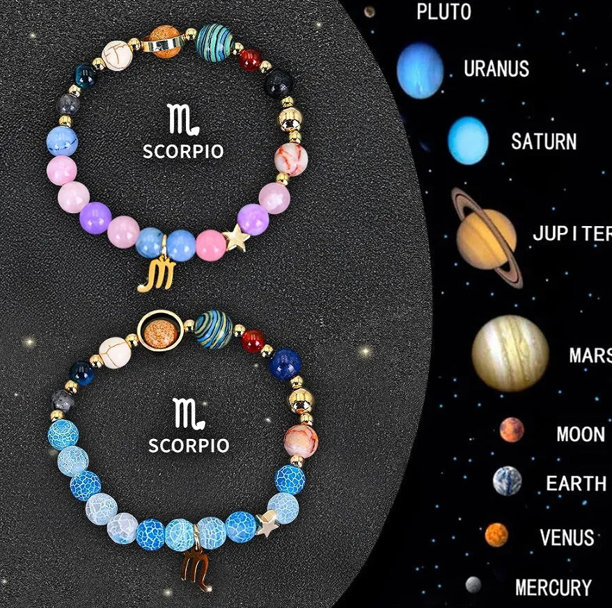 Twelve zodiac sign beaded bracelet set with natural stone beads and adjustable clasp