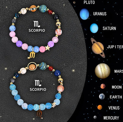 Twelve zodiac sign beaded bracelet set with natural stone beads and adjustable clasp