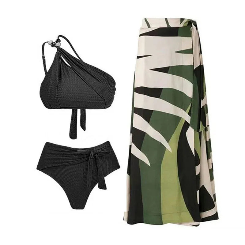 Push up bikini high waist split swimsuit chiffon dress women's swimwear, nylon and polyester fabric, free size S M L XL, black brown green colour options, adjustable coverage swimsuit