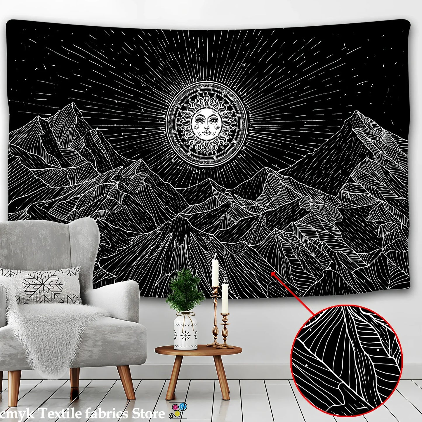 Rectangular skull tapestry with geometric pattern in Nordic style, machine-woven polyester construction