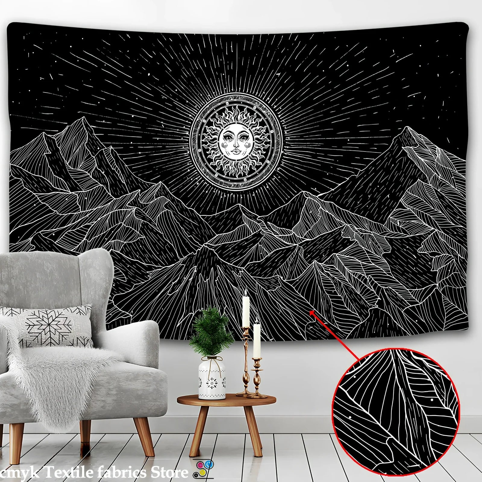 Rectangular skull tapestry with geometric pattern in Nordic style, machine-woven polyester construction