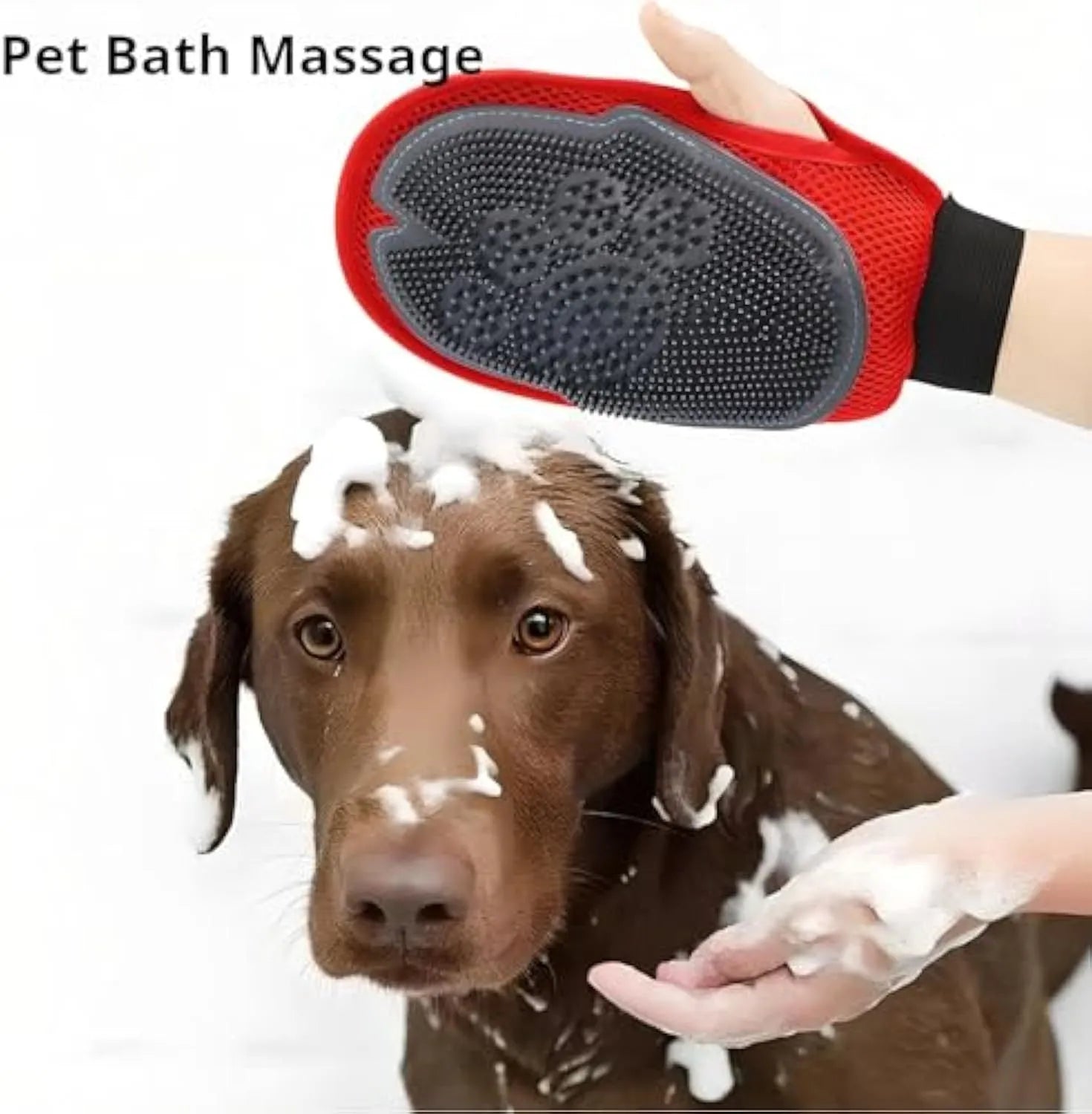 Red pet bathing glove measuring 26x16cm with adjustable design for left or right hand use