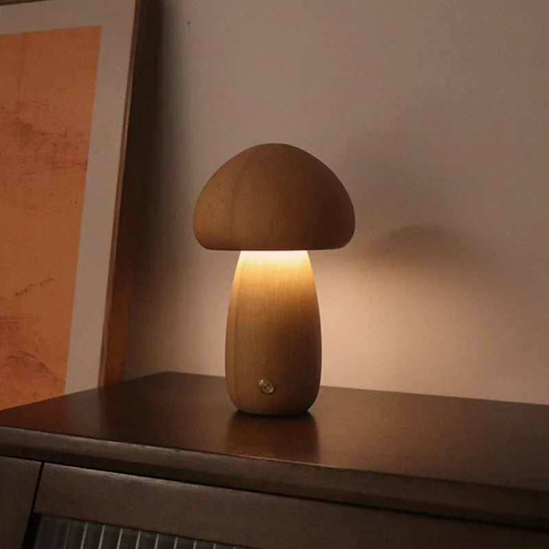 Wooden mushroom LED night light with touch switch, 165 x 100mm, in beech or walnut colour for bedside table use