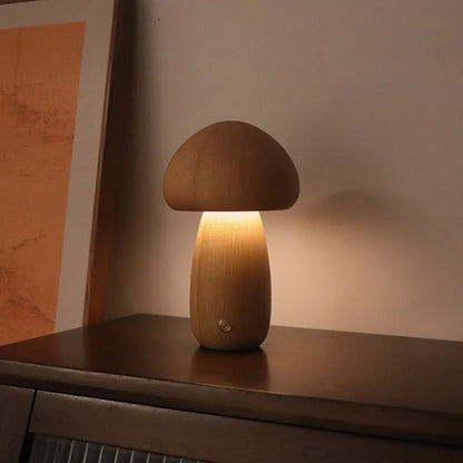Wooden mushroom LED night light with touch switch, 165 x 100mm, in beech or walnut colour for bedside table use