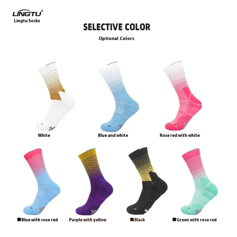 Cycling socks for men with quick-drying and anti-friction function, professional sports running socks made from polyester fibre in gradient pattern, adult size available in multiple colours including black, white, blue pink, lake water green and purple