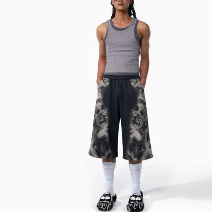 Street trendy printed loose trousers set with hoodie, seven-inch pants, and trousers in coordinated colours