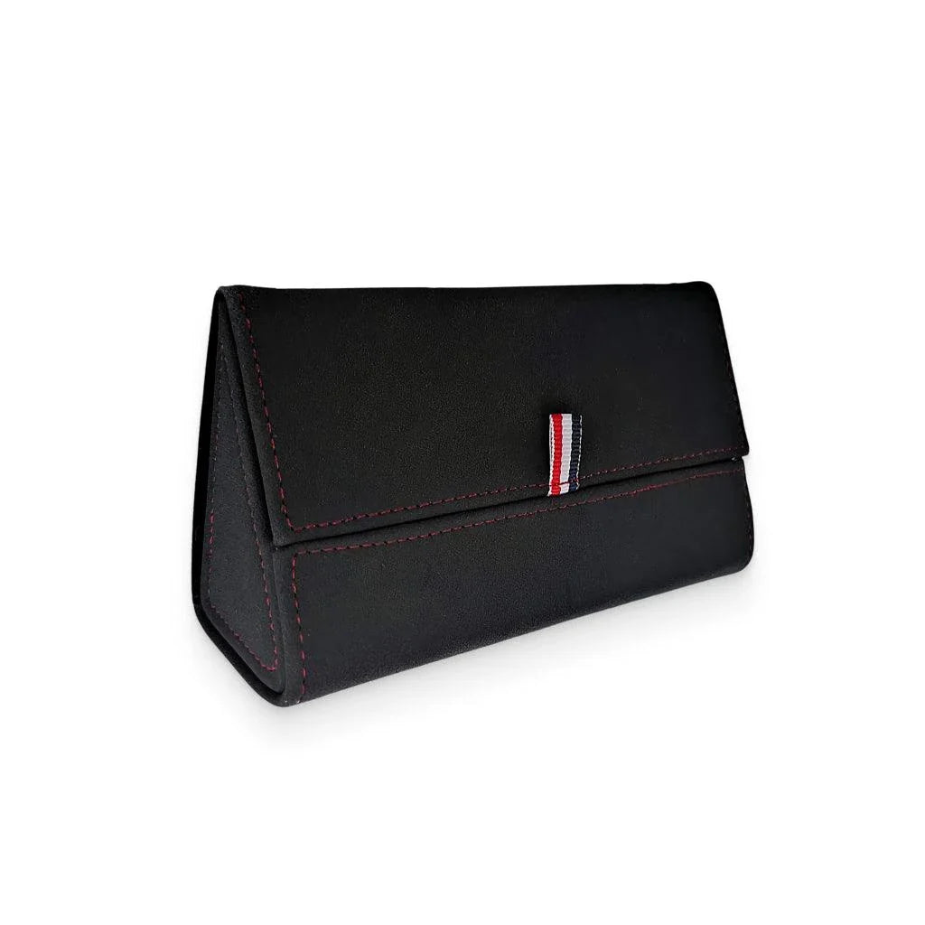 Magnetic Clip-On Sunglasses Case in black, brown, and navy colors with sleek, triangular design
