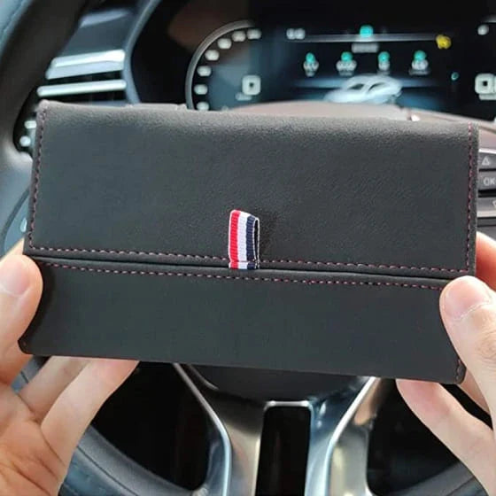 Magnetic Clip-On Sunglasses Case in black, brown, and navy colors with sleek, triangular design