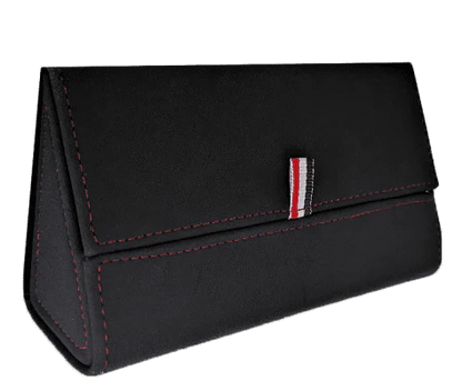 Magnetic Clip-On Sunglasses Case in black, brown, and navy colors with sleek, triangular design
