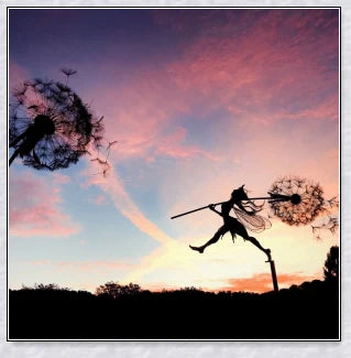 Metal fairy garden decoration with magical dandelions dancing in the wind, enchanting outdoor decor