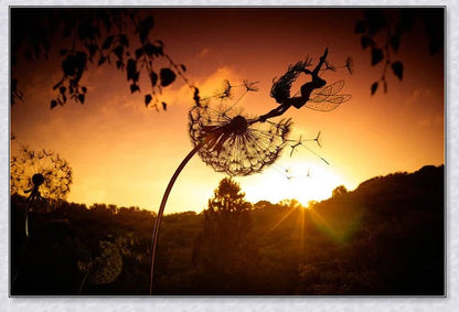 Metal fairy garden decoration with magical dandelions dancing in the wind, enchanting outdoor decor