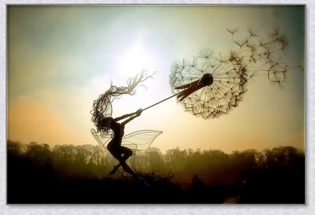Metal fairy garden decoration with magical dandelions dancing in the wind, enchanting outdoor decor