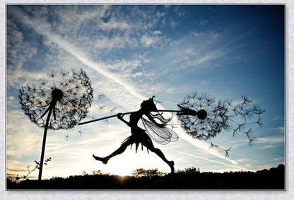 Metal fairy garden decoration with magical dandelions dancing in the wind, enchanting outdoor decor