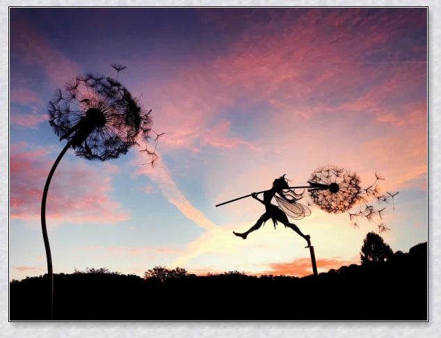 Metal fairy garden decoration with magical dandelions dancing in the wind, enchanting outdoor decor