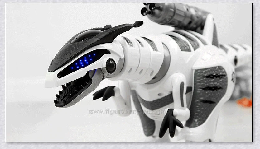 Intellisaur remote-controlled dinosaur toy robot with flexible movements, touch-sensitive mode, and exciting sucker bullet battles